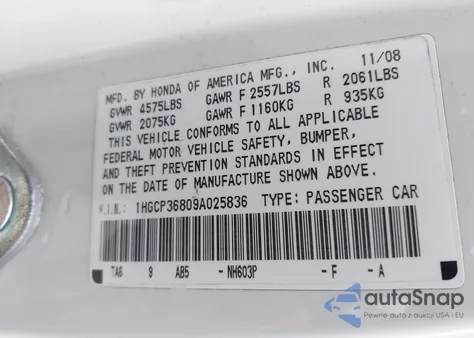 2009 Honda Accord 3.5 Ex-L z USA, uszkodzony, nr VIN 1HGCP36809A025836
